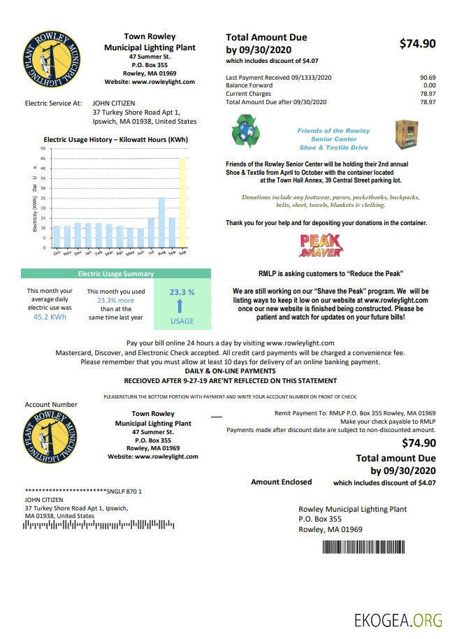 USA Massachusetts Town of Rowley Municipal Lighting Plant electricity utility bill template in Word and PDF format
